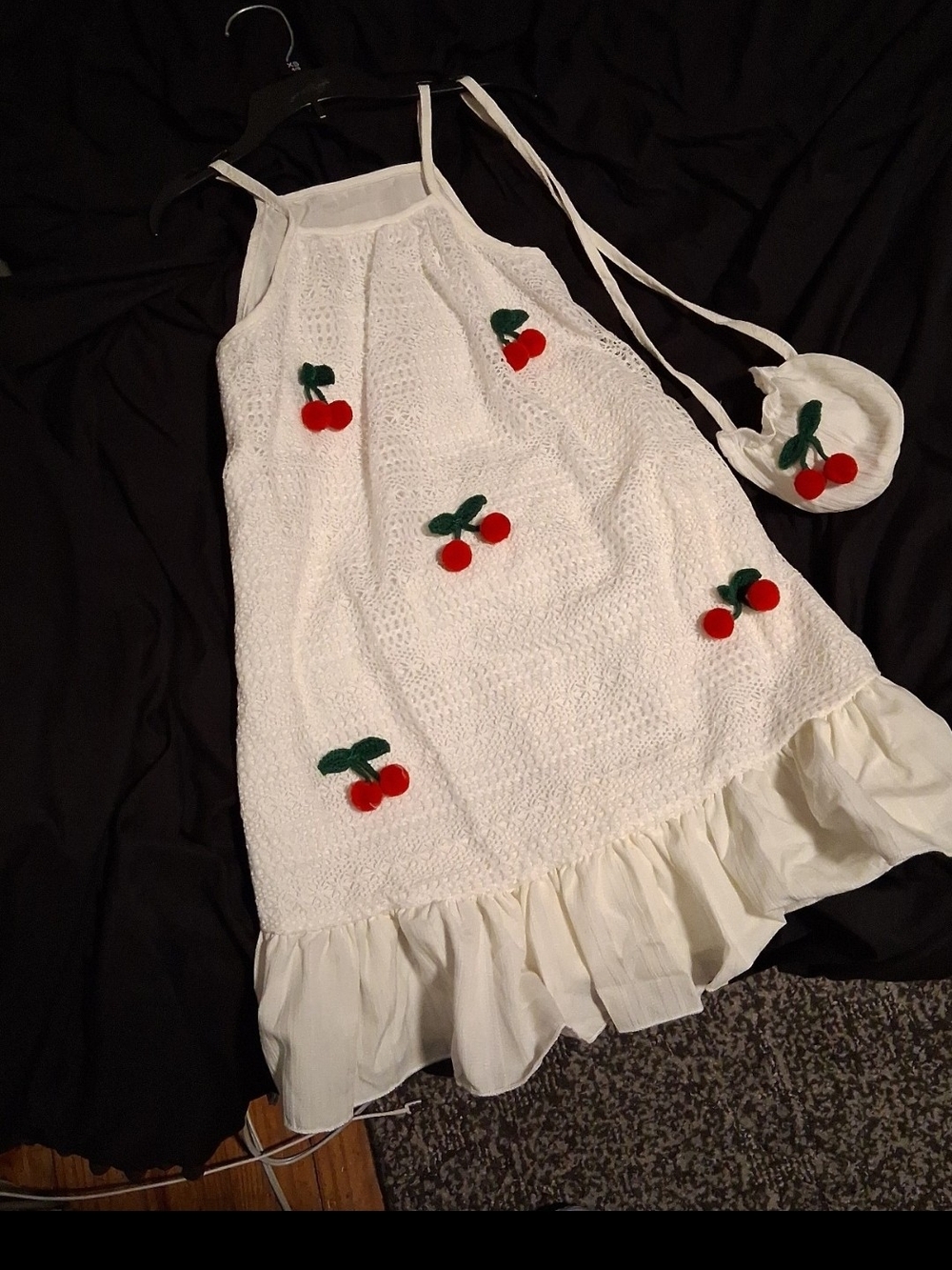 White Crochet Cherry Sundress with Pom Pom Cherries NWOT